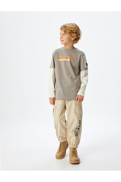 Koton Cotton Long Sleeve Slogan Printed Crew Neck T-Shirt