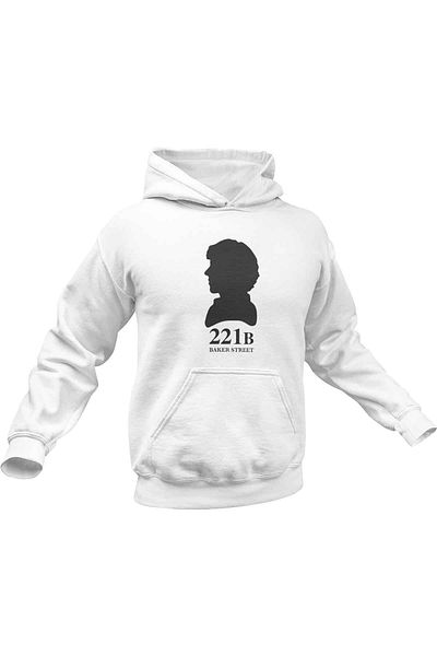 qoeuyl boutique Βαμβακερό φούτερ Sherlock Baker Street 221B με στάμπα Unisex με λευκή κουκούλα