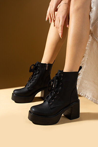 Pembe Potin Жіночі ботинки нового сезону з чорними шнурками, високою платформою та каблуком, стильні та зручні для щоденного носіння.
