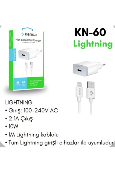 Üstün Kalitesiyle 10 Watt KN-60 Lightning IPhone Şarj Cihazı Seti-Şarj Aleti