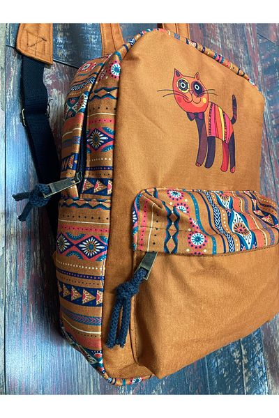 Street Bag Bohemian Cat Patterned Ethnic Waterproof Backpack - Tablet Compartment