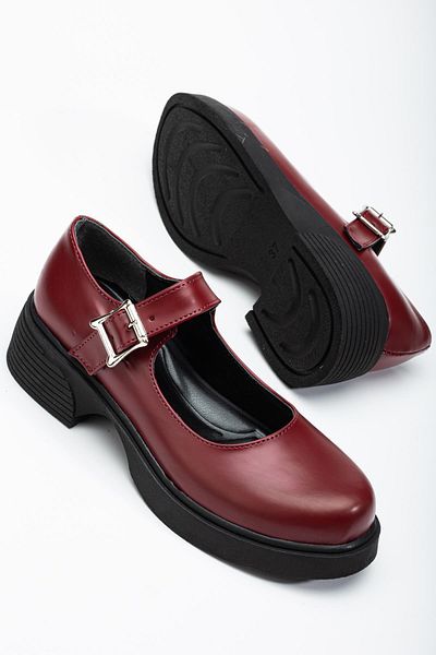 Dilimler Ayakkabı Burgundy Thick Banded Buckle Casual Women's Shoes