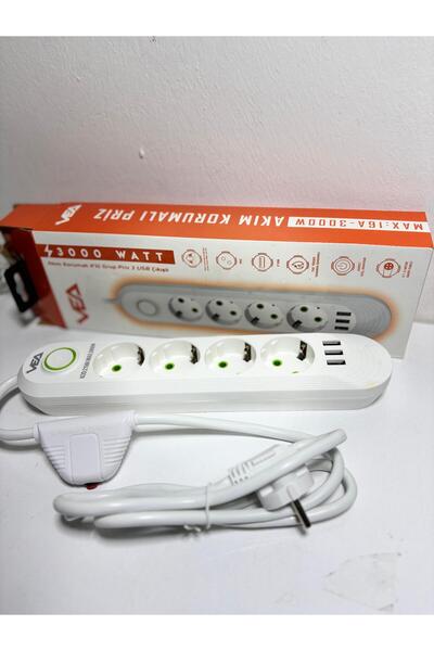 abnturk 3000watt 3 usb Çıkışlı 1.buçuk Metre Uzunluğunda  Akım Korumalı 4lü Priz