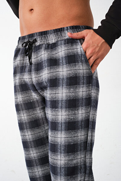 Domoda Siyah Ekoseli Flanel Pijama Altı Rahat Kesim Dar Paça Pamuklu Erkek Pantolon