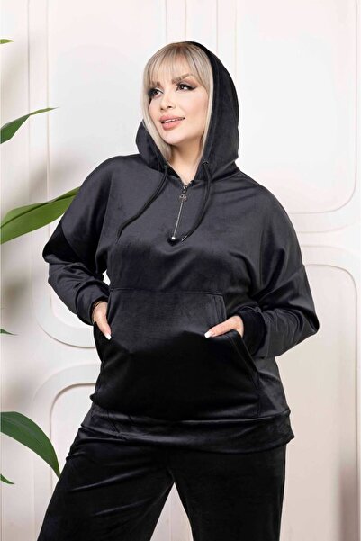 garajmood Black Velvet Fabric Zipper Detailed Collar Bottom & Top Set Plus Size Set