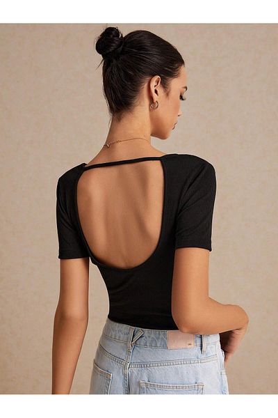 Liona V-Neck Backless Drawstring Black Color Ribbed Short Sleeve Slim Fit Crop Top Blouse