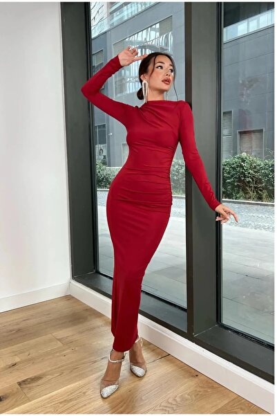 DEEFWEAR BÜZGÜLÜ DRAPELİ SANDY KUMAŞ UZUN ELBİSE