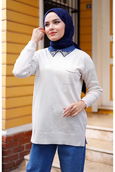 Pamuk Butik Women's Mercerized Collar Stone Detailed Knitwear Tunic