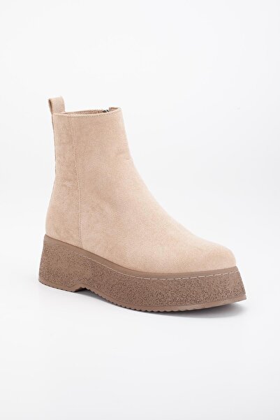 Dilimler Ayakkabı Kadın Bot Nude Kalın Taban Süet Bağsız Yüzüdüz