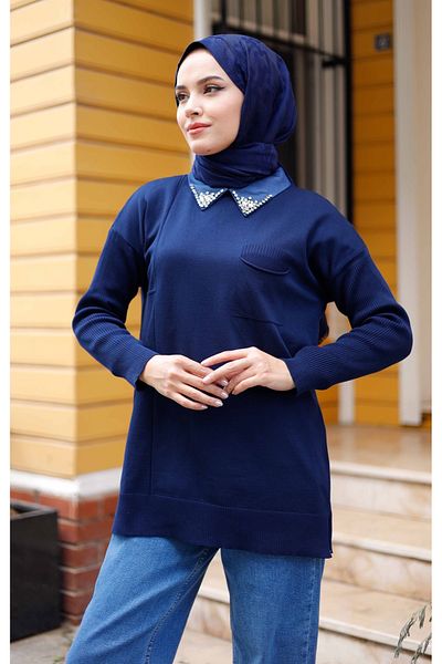 Pamuk Butik Women's Mercerized Collar Stone Detailed Knitwear Tunic