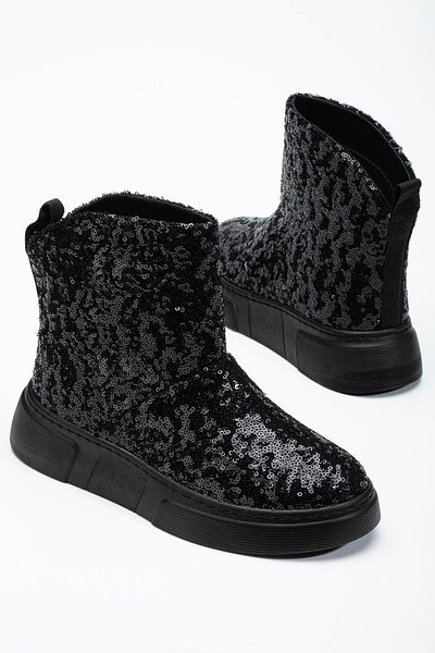 Dilimler Ayakkabı Shiny Black Sequin - Flat Sole Women's Boots