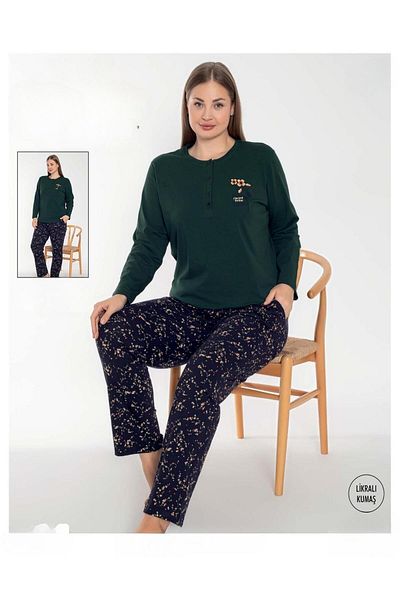 SENFONİ Symphony Women's Plus Size Buttoned Collar Long Sleeve Cotton Lycra Pajamas Set 6096 -1 Piece