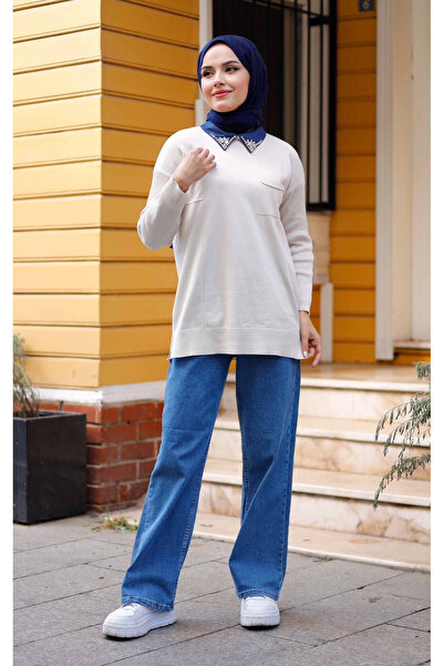 Pamuk Butik Kadın Merserize Yakası Taş Detaylı Triko Tunik