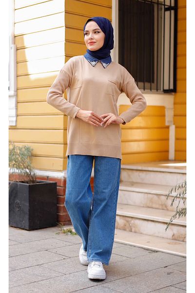 Pamuk Butik Women's Mercerized Collar Stone Detailed Knitwear Tunic