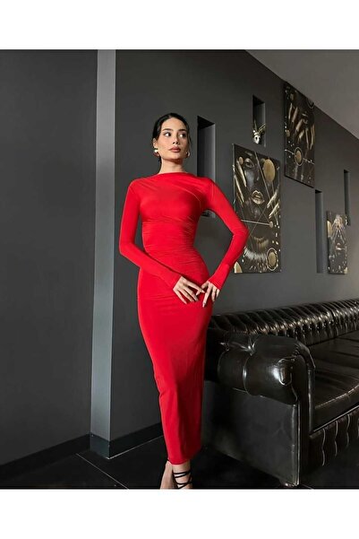 DEEFWEAR BÜZGÜLÜ DRAPELİ SANDY KUMAŞ UZUN ELBİSE