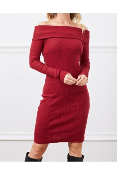 ZY BUTİK Burgundy Madonna Collar Knitwear Dress