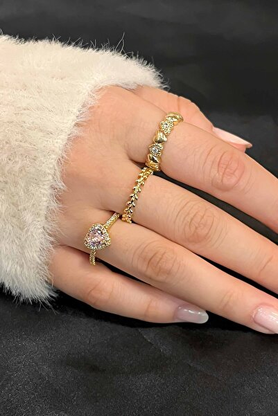 TREND COLLECTİON Zirkon Taşlı Gold Zarif Ayarlanabilir Pandora, Taç, Kalp 3'l...