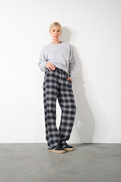 Domoda Black Plaid Flannel High Waist Pajama Bottoms Relaxed Fit Wide Leg Cotton Women's Pants