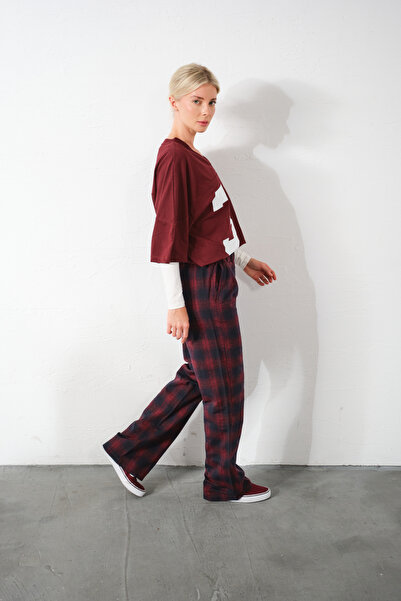 Domoda Bordo Ekoseli Flanel Yüksek Bel Pijama Altı Rahat Kesim Geniş Paça Pamuklu Kadın Pantolon