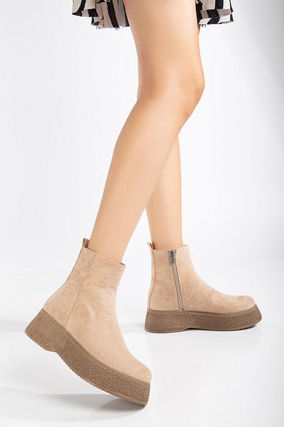 Dilimler Ayakkabı Nude Suede Women's Boots - Thick Sole and Laceless Face