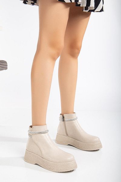 Dilimler Ayakkabı Beige Women's Boots - Thick Sole, Artificial Leather, Stone Detailed, Laceless
