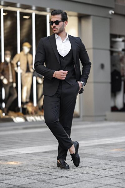 MISTER MR.PAPYON FASHION Erkek Siyah Slim Fit Yelekli italyan Kesim Takım Elbise