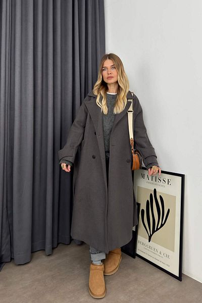 Sue Store Anthracite Double Breasted Lined Belted Buttoned Oversize Wool Coat