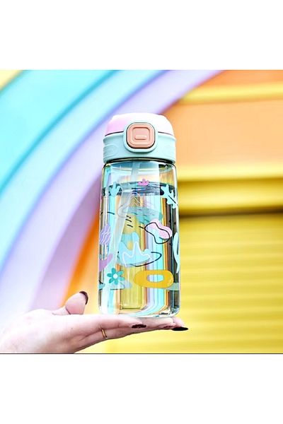 hediyeconcepti 600ml Cute Cartoon Portable Water Bottle with Straw & Water Bottle for Kids