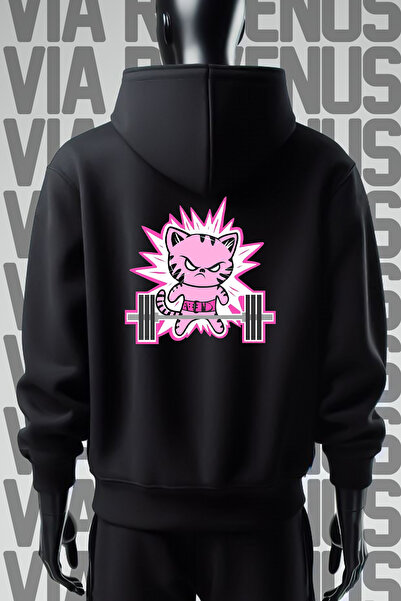 Vordevia Φούτερ Gym Kitty Unisex με κουκούλα 3 νημάτων - Μπροστά και πίσω εμπ...