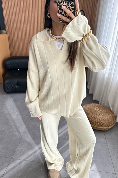 candybia Relax Polo Neck krémszínű kötöttáru szett