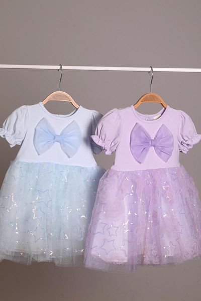 miabambim Purple Girl's Dress with Stars and Bow Detail