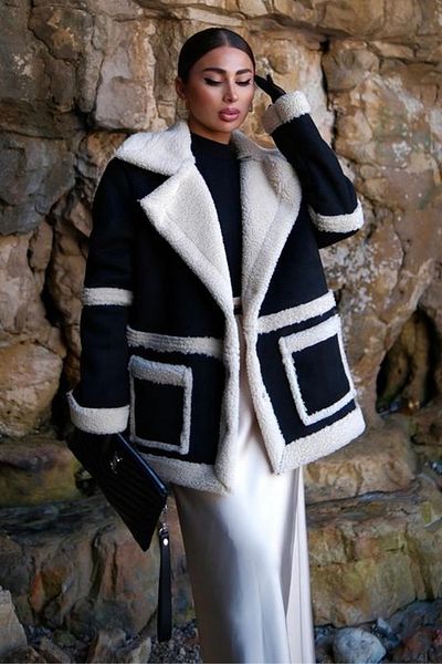 trendalisse Women's Black Plush Pocket Furry Suede Coat