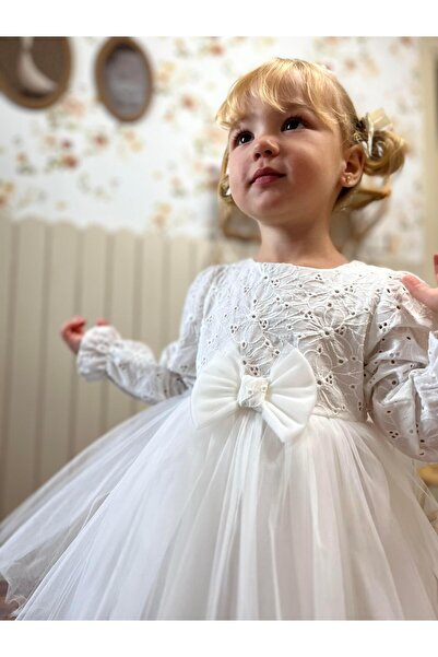 miabambim Kuğu Brode Kız Çocuk Elbise Beyaz
