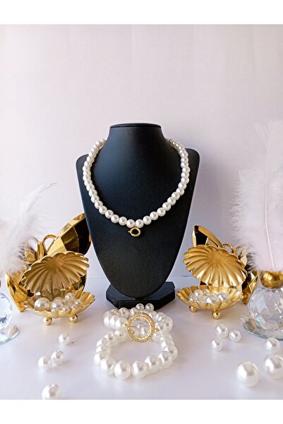 PD GRUP İnci Kilitli Sistem Kolye & Classic Çeyrek Altın Uyumlu Çeyrek Çerçeveli Incili Ikili Bileklik