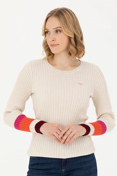 U.S. Polo Assn. Pulover de damă de culoare crem - decolteu 50277306 -VR071