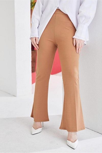 TRENDTESETTÜR CAMEL Καφέ γυναικείο παντελόνι με ελαστική μέση με φουσκωτό πόδι - T 602