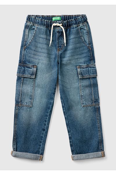 United Colors of Benetton Boy's Denim Back Pocket Logo Elastic Waist Drawstring Denim Trousers