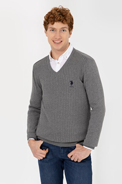 U.S. Polo Assn. Men's Gray Melange V-Neck Basic Knitwear Sweater 50253444 -Vr086