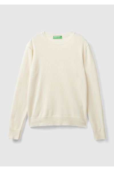 United Colors of Benetton Pulover de damă crem cu gât 100% merinos