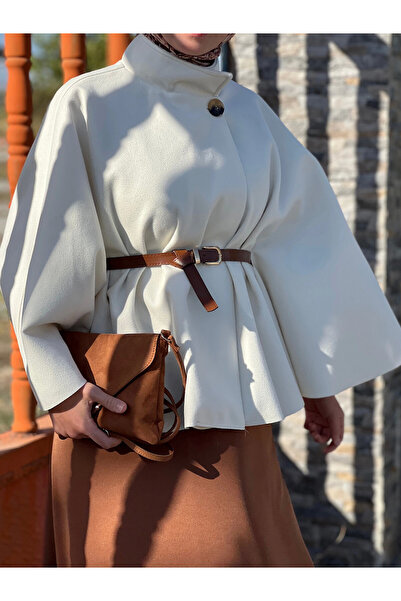 Hepsi Moda Hakim Yaka Kemer Detaylı Kaşe Panço - SRP - Krem ( ÖS )