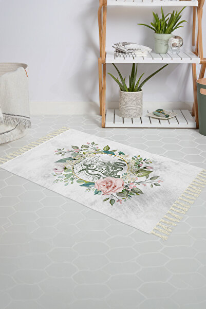 Tropikhome Banyo Paspası Çiçek Desenli Baskılı 50x80 Püsküllü Polyester Kayma...
