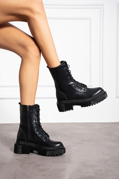 butikpabuc Women's Lace-Up Zippered Black Leather Boots