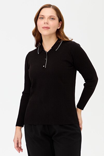 accort Büyük Beden V Yaka Düğmeli Triko Kazak-SİYAH