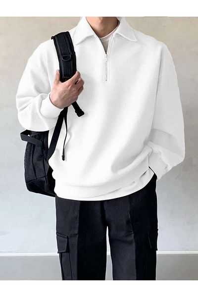 GENIUS STORE Men's Oversize Polo Collar Sweatshirt - Half Zipper