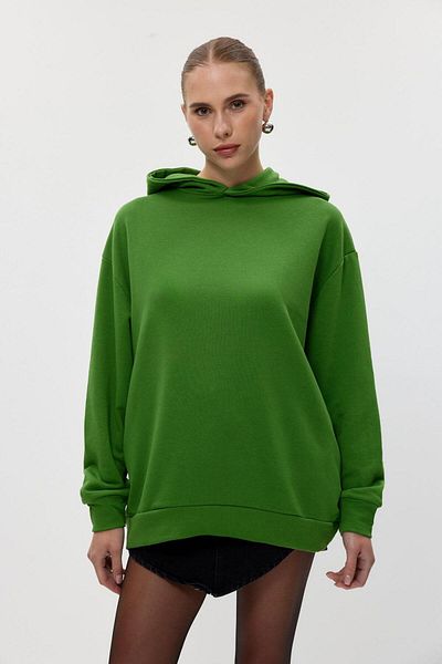 Tuba Butik Basic Hooded Green Women's Sweatshirt