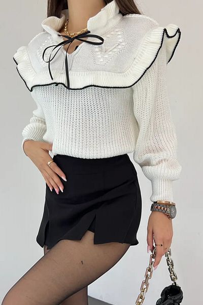 hillswomanstore Πλεκτό πουλόβερ με κορδόνι με λεπτομέρεια στο γιακά