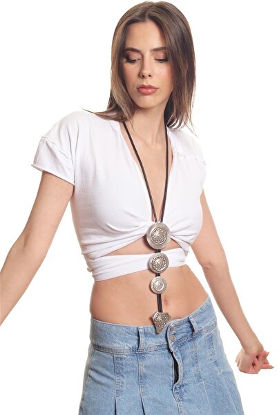 LABALABA Kadın Antik Gümüş Kaplama Geometrik Parçalı Bohem Tasarım Uzun Ip Kolye