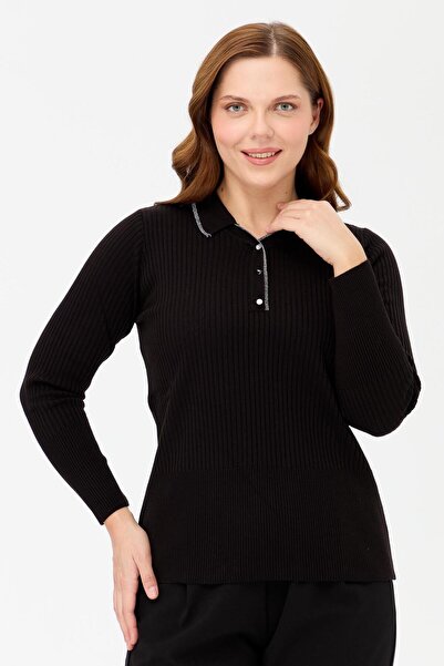 accort Büyük Beden V Yaka Düğmeli Triko Kazak-SİYAH
