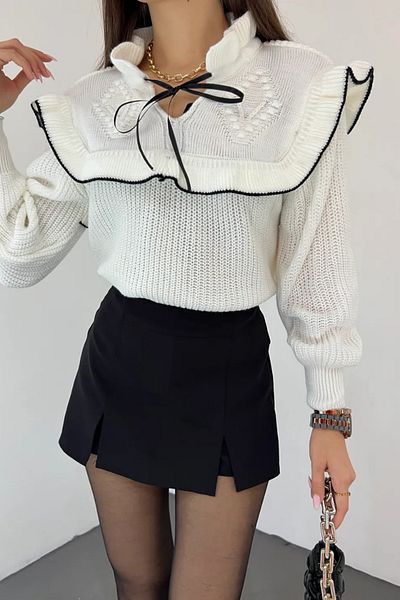hillswomanstore Πλεκτό πουλόβερ με κορδόνι με λεπτομέρεια στο γιακά