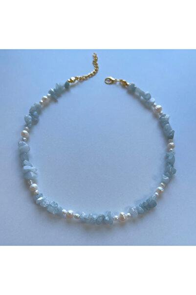 ORFE JEWELRY Gerçek Doğal İnci ve Akuamarin Taşlı Kolye